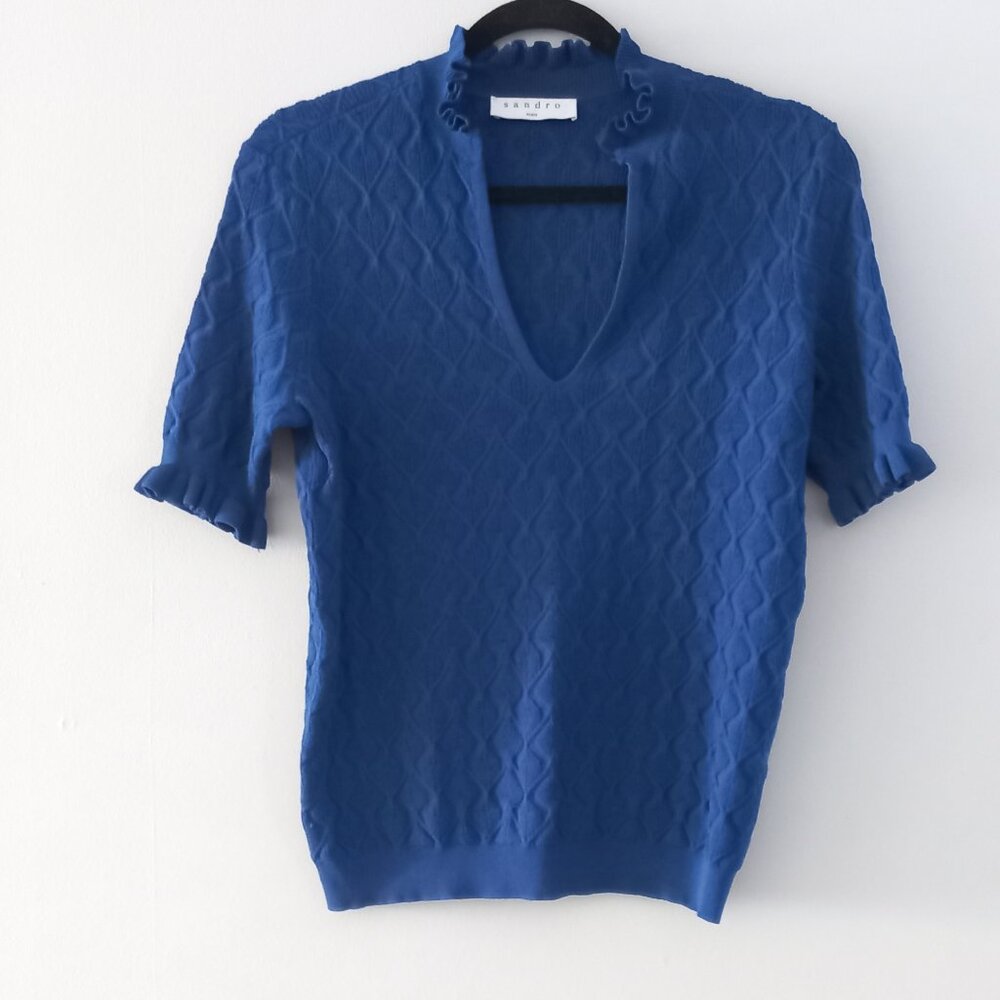 SANDRO cobalt blue knit short sleeve top with ruffle details